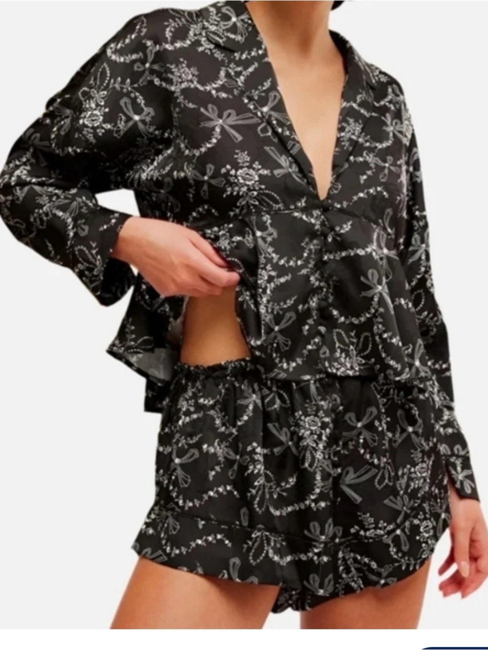 Free People Black Satin Floral Ribbon Pajama Set Size XL